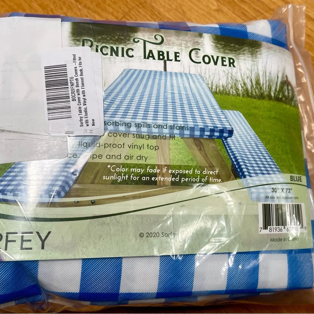 Blue and White Fitted Vinyl Picnic Table & Bench Cover 30”x72”